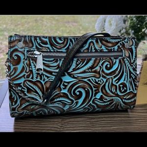 PATRICIA NASH Turati Leather Tooled Turquoise Top Zip Shoulder/Crossbody Handbag